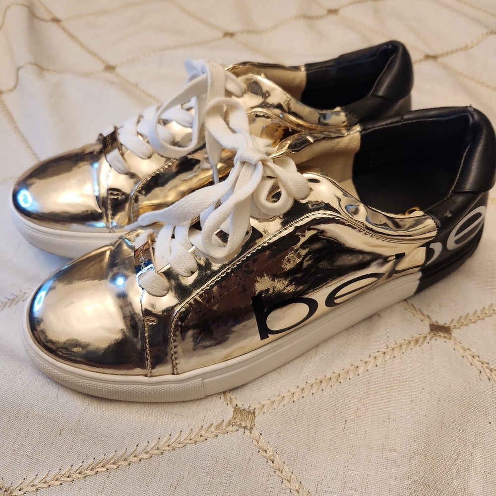 Bebe Gold Metallic Platform Sneakers Size 7.5 Black Heel Logo Statement